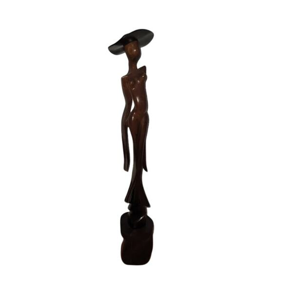 Handmade Other - Hand Carved Tall 2 piece Woman in Hat FASHION Statue Wood 19"
